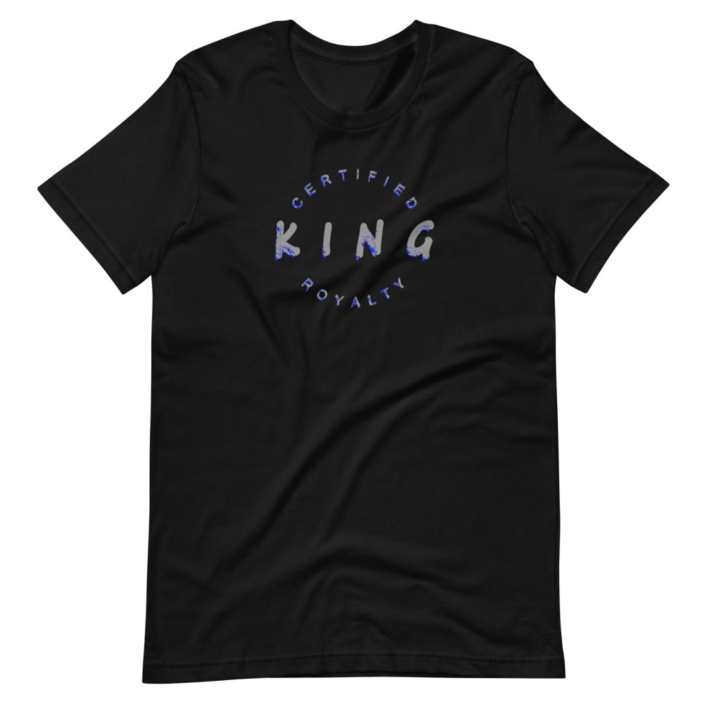 Men's Certified Royalty King T-shirt - Black with Blue and Grey Design 